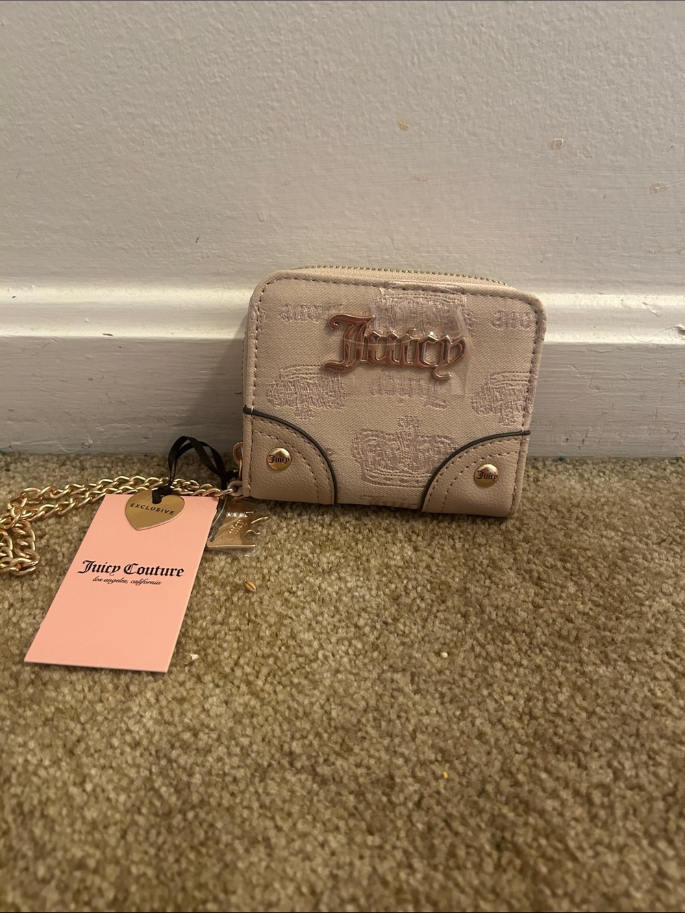 Juicy Couture Nude-Beige Mini Zip Wallet with Gold Logo